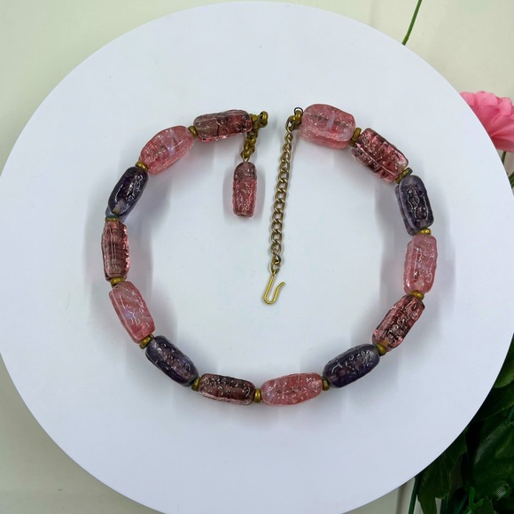 Pink and Purple Double Strand Vintage Choker Style Necklace - Picture 4 of 7